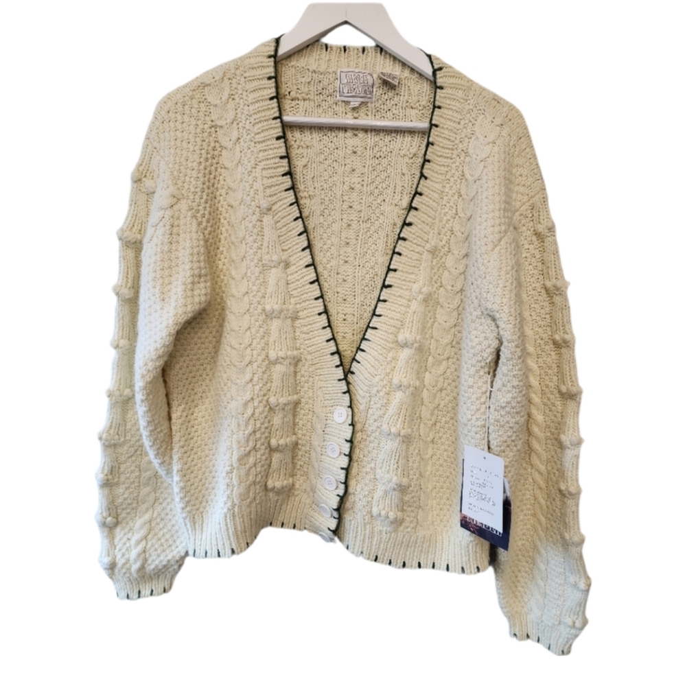 NWT River Trader Vintage Cardigan Sweater Large Ivory Moss Combo Bubble Knit